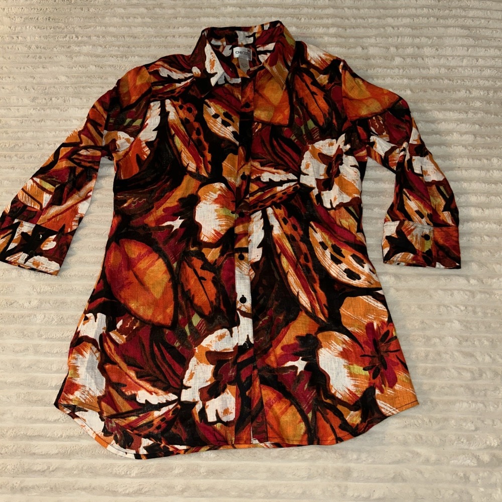 Chicos Linen Tunic Top Blouse Button Up Floral 3/4‎ Sleeves Black Yellow Size 1